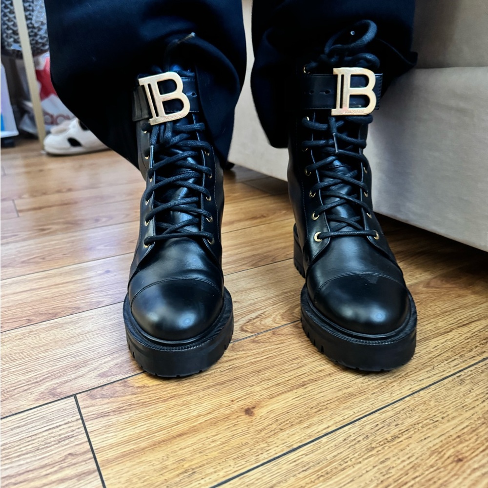 Balmain Black Leather Lace-Up Combat Boots with Gold B Logo